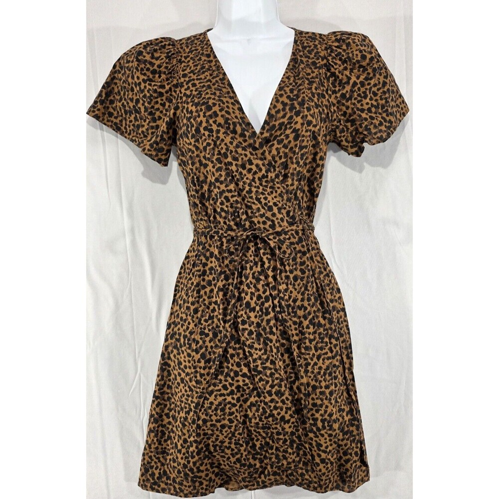Madewell Painted Leopard Mini Wrap Dress XS Flutter Sleeve Cotton Boho Indie